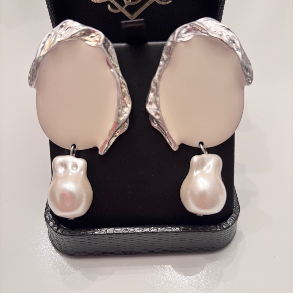 Mango Cream Emamel and Silver Pearl Drop Earrings